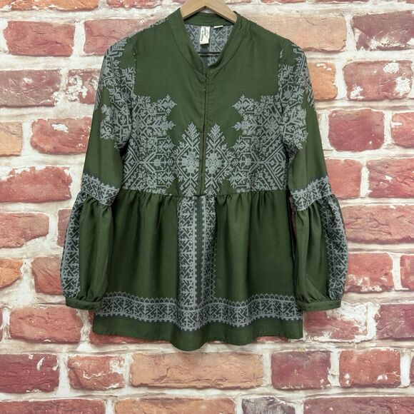 Konrad + Joseph Top Women's Small Green Gray Boho Abstract Casual Peasant Shirt - Picture 6 of 8